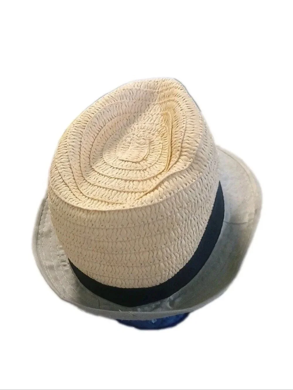 No Brand Tag Childrens Toddler Fidora  Sun Hat Natural with Gray Brim Navy Band